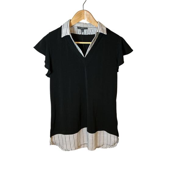 Adrianna Papell Striped Collared Knit V-Neck Flutter Sleeve Top Womens Small NWT - Picture 2 of 13